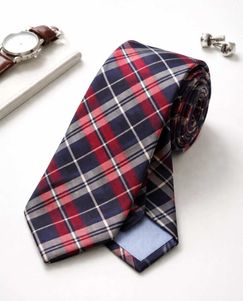 Tommy Hilfiger Navy Red Plaid Silk Tie Classic Preppy 100% Silk